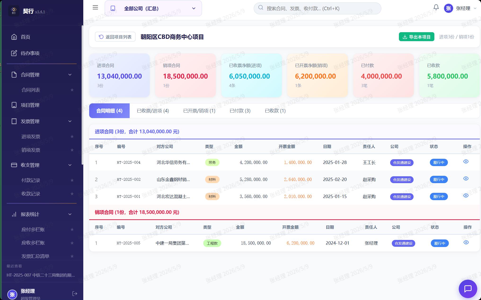 项目管理 - 合同发票收付款汇总